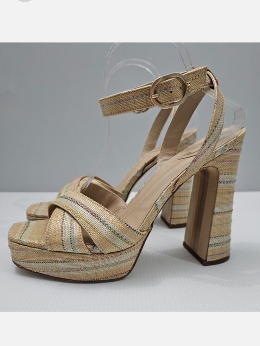 Sam Edelman Kayna Platform Block Heel Sandals Natural Raffia Stripe Womens 9.5 - Picture 1 of 14